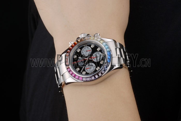 Rolex Daytona Cosmograph Rainbow Crystals Bezel Stainless Steep Strap Black Dial 80250