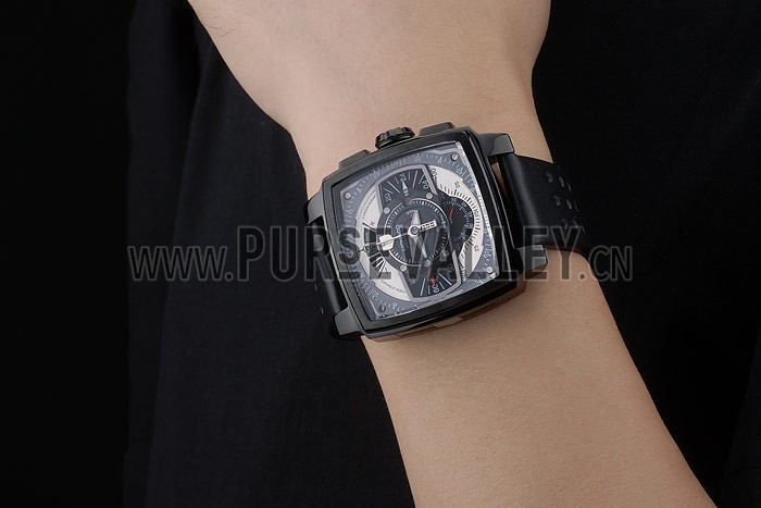 Tag Heuer Monaco Black-Red Perforated Leather Strap Black Dial 80309