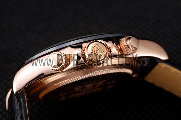 Rolex Daytona Rose Gold Case Black Dial Black Leather Strap