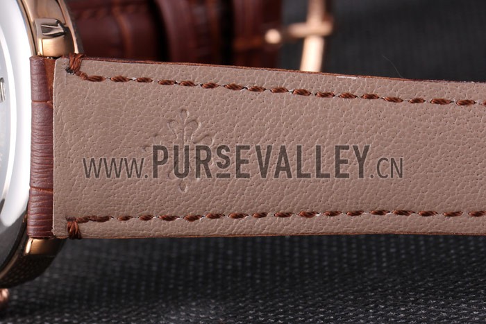 Patek Philipe Calatrava Roze Gold Ribbed Bezel Brown Leather Bracelet 801434