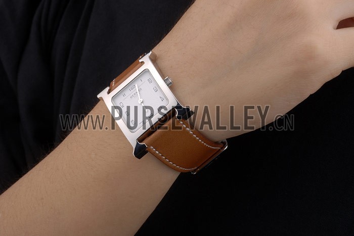 Hermes Heure H Stainless Steel Polished Bezel Tan Leather Strap White Dial 80230