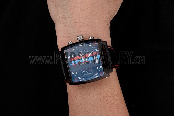 Tag Heuer Monaco Calibre 36 Blue And Red Dial Stripes Dial Black Leather Strap 622272