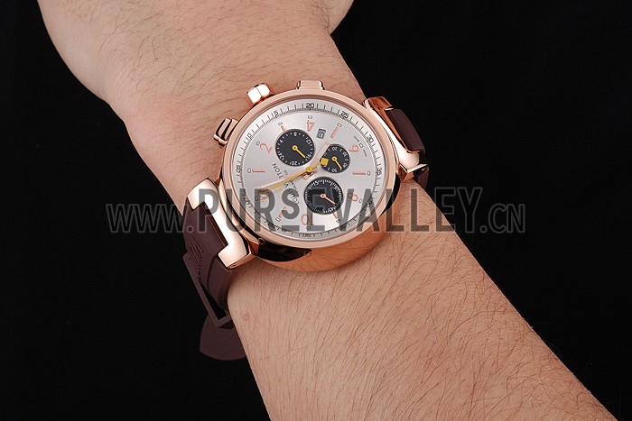 Louis Vuitton Tambour LV277 Chronograph White Dial Rose Gold Case Brown Rubber Strap