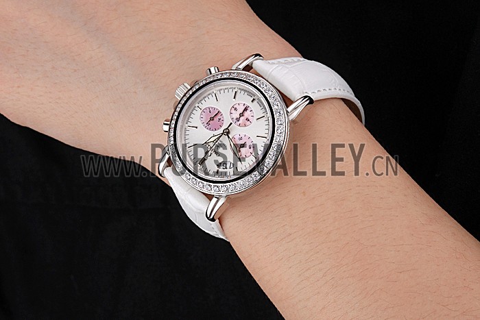 Omega De Ville Chronograph White Dial Stainless Steel Diamond Case White Leather Bracelet 622453