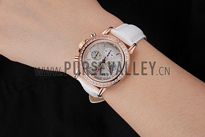 Omega Speedmaster Chronograph White Dial Gold Diamond Case White Leather Bracelet 622455