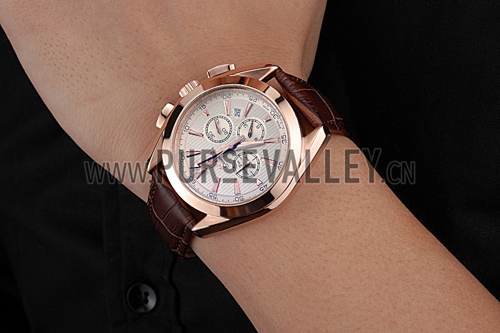 Omega Seamaster Aqua Terra Chronograph Ivory Dial Gold Case Brown Leather Bracelet 622530