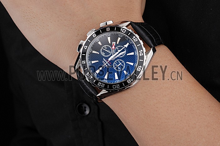 Omega Seamaster Aqua Terra Chrono GMT Blue Dial Black Leather Bracelet 622535