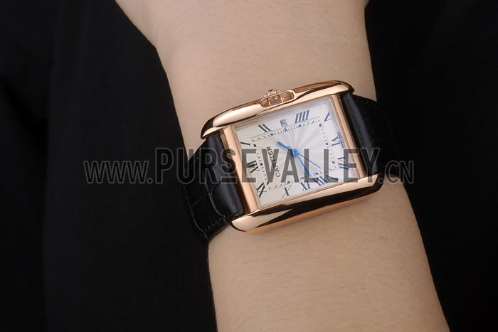 Cartier Tank Anglaise 30mm White Dial Gold Case Black Leather Bracelet