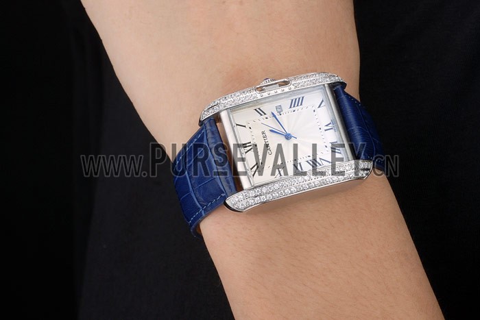 Cartier Tank Anglaise 36mm White Dial Diamonds Steel Case Blue Leather Bracelet