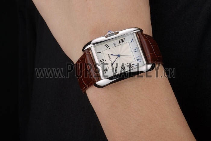 Cartier Tank Anglaise 36mm White Dial Stainless Steel Case Brown Leather Bracelet