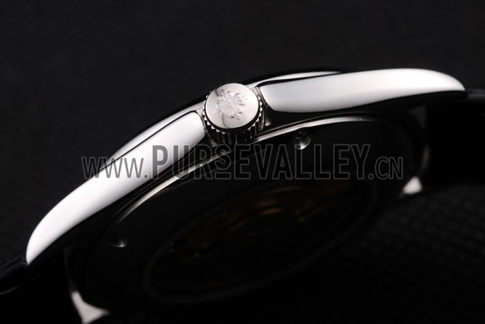 Patek Philippe Geneve Calatrava Crystal Studded Hour Marker White Dial Black Leather Strap