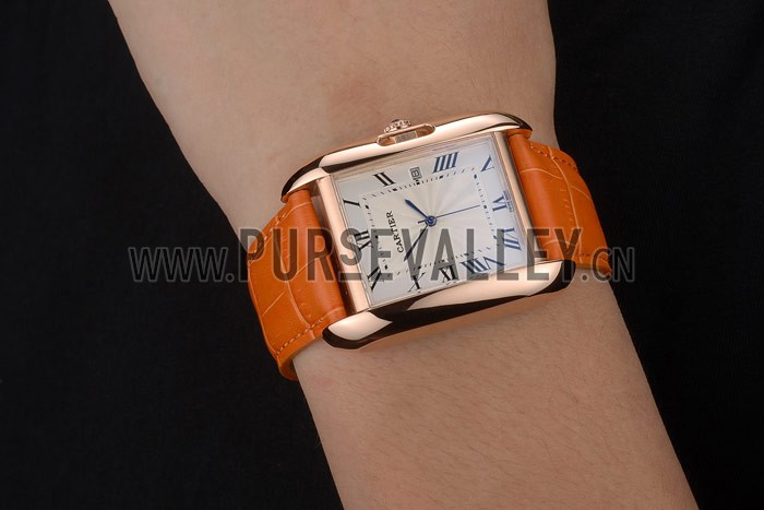 Cartier Tank Anglaise 36mm White Dial Gold Case Orange Leather Bracelet