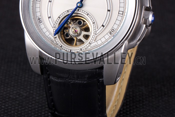 Cartier Calibre Flying Tourbillon White Dial Stainless Steel Case Black Leather Bracelet
