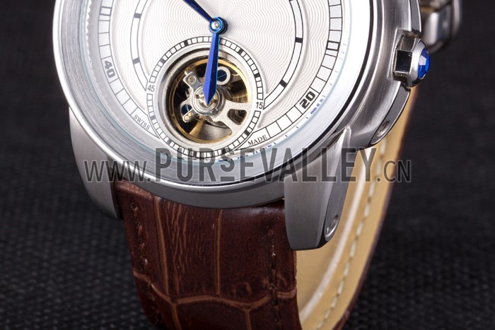 Cartier Calibre Flying Tourbillon White Dial Stainless Steel Case Brown Leather Bracelet
