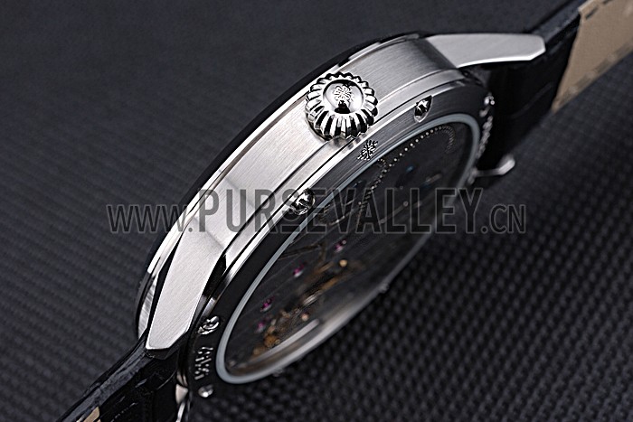 Patek Philippe Geneve Two Dial Black Dial Stainless Steel Bezel Black Leather Band 622145