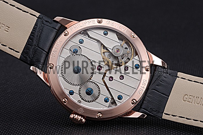 Patek Philippe Geneve Two Dial Black Dial Rose Gold Bezel Black Leather Band 622146