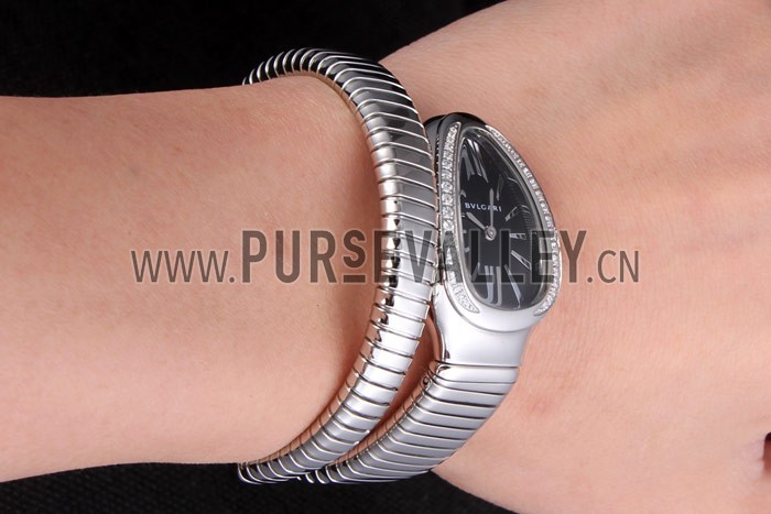 Bvlgari Serpenti 23mm Black Dial Stainless Steel Case With Diamonds Steel Bracelet