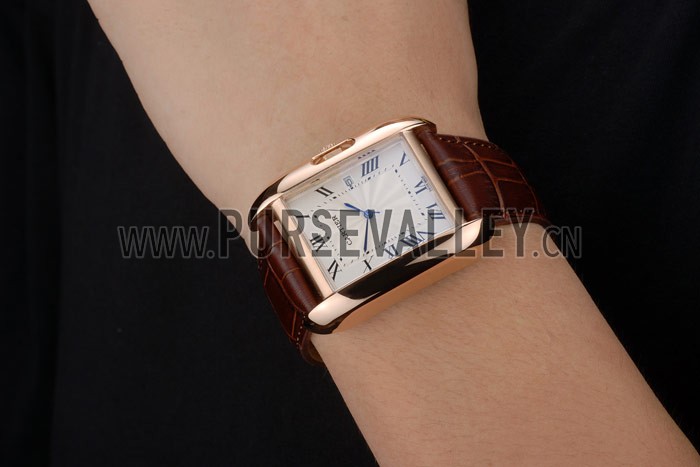 Cartier Tank Anglaise 36mm White Dial Gold Case Brown Leather Bracelet