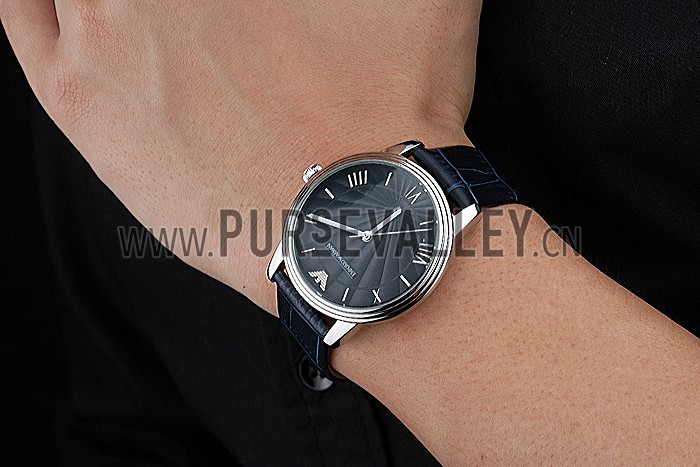 Emporio Armani Classic Dark Blue Dial Silver Case Dark Blue Leather Bracelet 622335