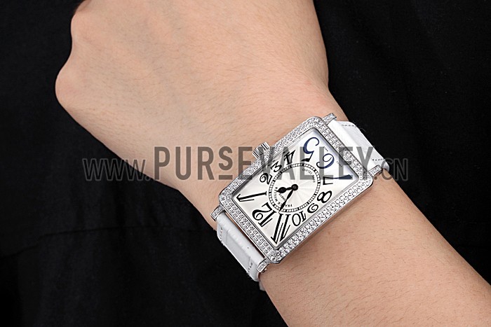 Franck Muller Long Island Classic White Dial Diamonds Case White Leather Band 622368