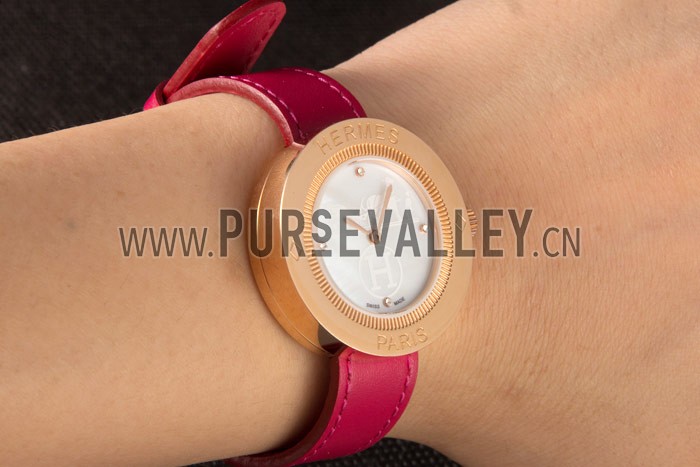 Hermes Classic MOP Dial Magenta Leather Bracelet 801388