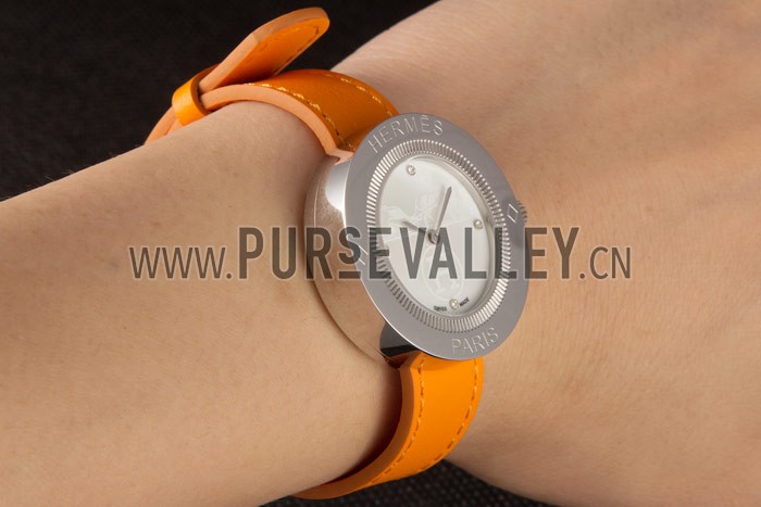 Hermes Classic MOP Dial Orange Leather Bracelet 801390