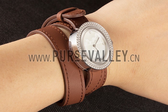 Hermes Classic MOP Dial Brown Elongated Leather Bracelet 801393