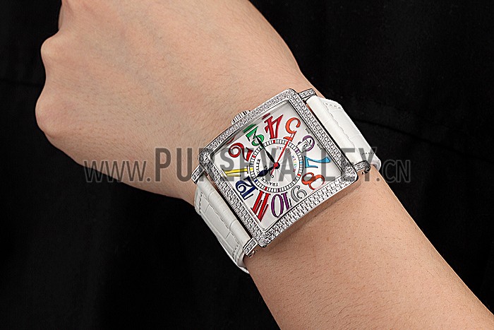 Franck Muller Master Square Color Dreams Diamonds Case White Leather Band 622356
