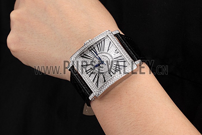 Franck Muller Master Square Diamonds Dial Diamonds Case Black Leather Band 622358