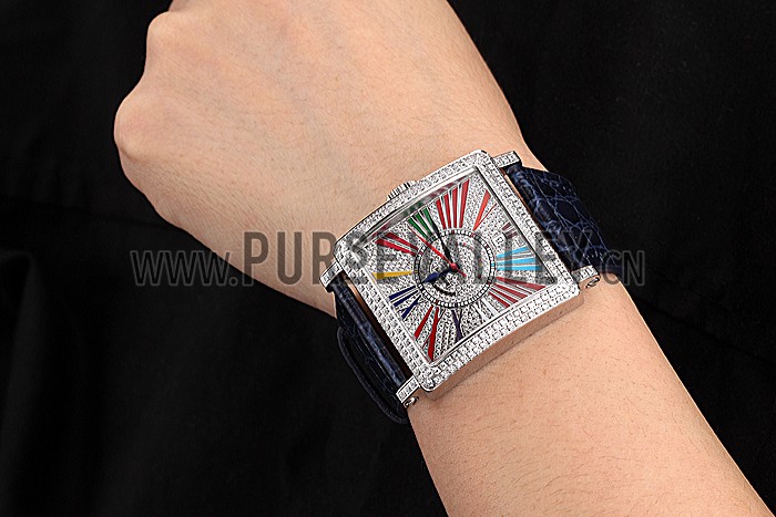 Franck Muller Master Square Color Dreams Diamonds Dial Diamonds Case Blue Leather Strap 622359