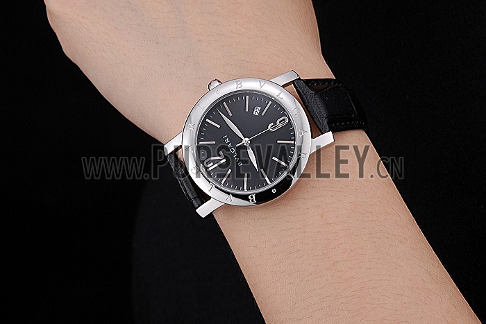 Bvlgari Black Dial Stainless Steel Case Black Leather Bracelet 622431