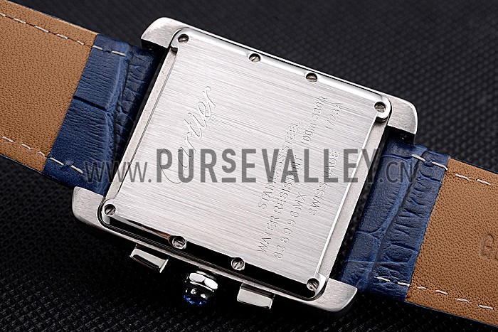 Cartier Tank MC Blue Dial Stainless Steel Case Blue Leather Bracelet 622691