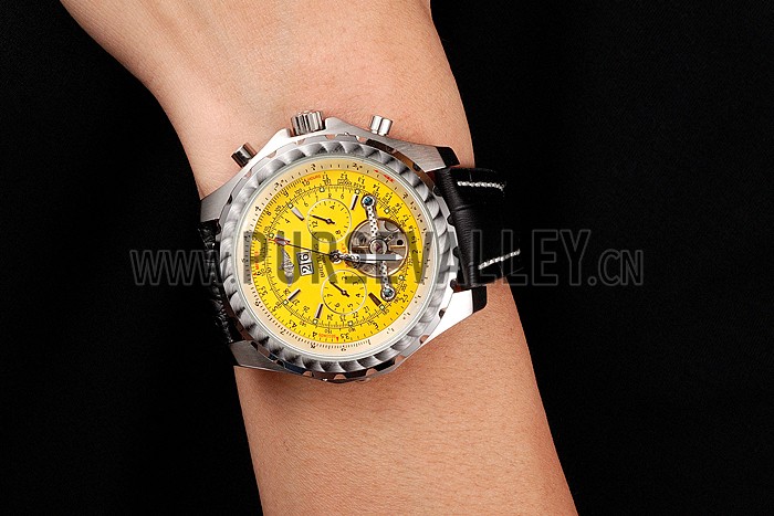 Breitling Bentley Mulliner Tourbillon Yellow Dial Stainless Steel Case Black Leather Strap 622730