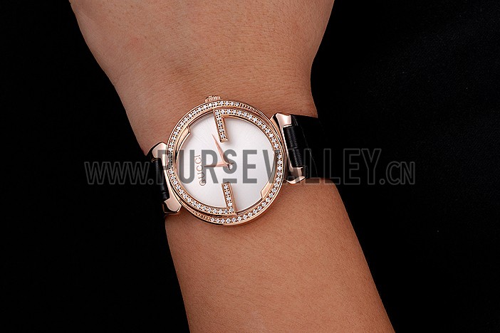 Gucci Interlocking Rose Gold Bezel with Diamonds and Black Leather Band 621514