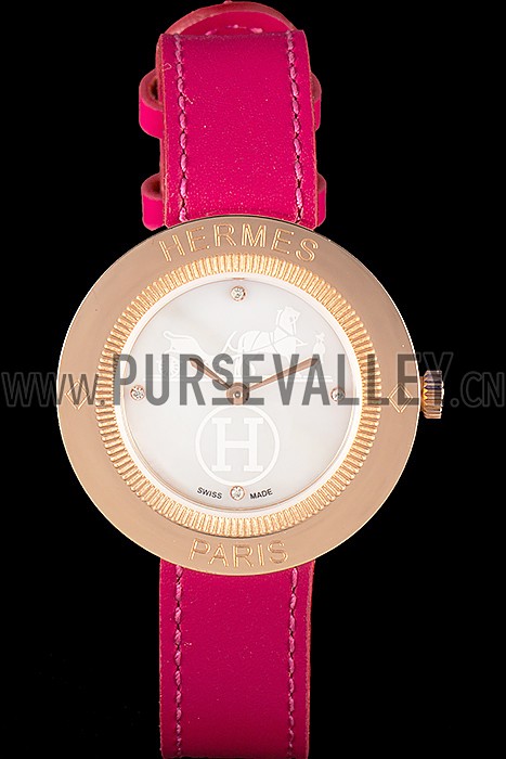 Hermes Classic MOP Dial Magenta Leather Bracelet 801388