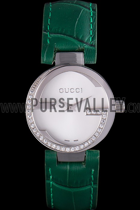 Gucci Interlocking Silver Bezel with Diamonds and Green Leather Band 621515