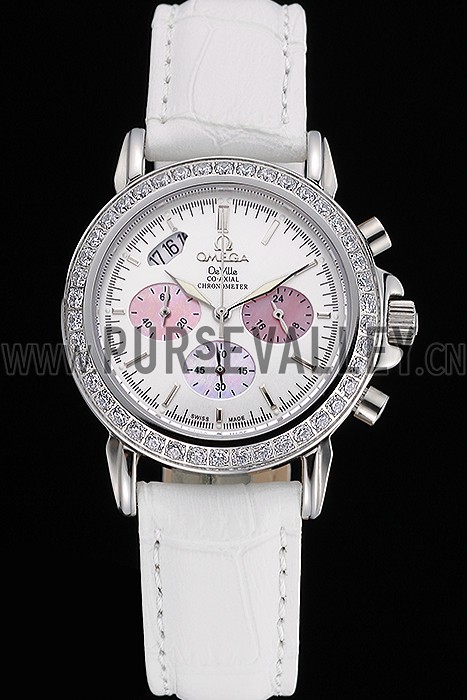 Omega De Ville Chronograph White Dial Stainless Steel Diamond Case White Leather Bracelet 622453