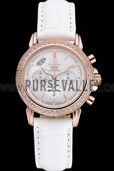 Omega Speedmaster Chronograph White Dial Gold Diamond Case White Leather Bracelet 622455