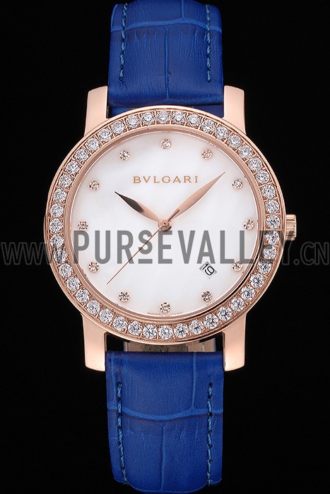 Bvlgari White Dial Diamond Case Blue Leather Bracelet 622438
