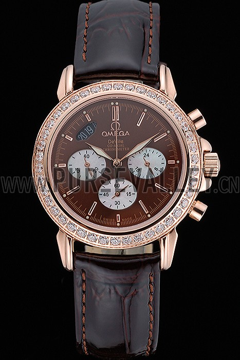 Omega De Ville Chronograph Brown Dial Gold Diamond Case Brown Leather Bracelet 622457