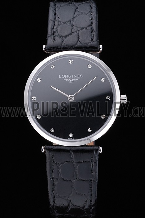 Longines La Grande Classique Black Dial Black Leather Band Diamond Markers Homme 622129