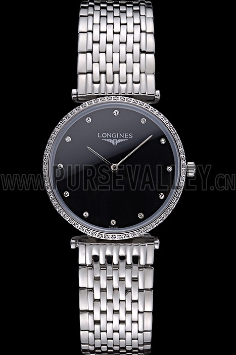 Longines La Grande Classique Stainless Steel Black Dial Diamond Bezel Homme 622107