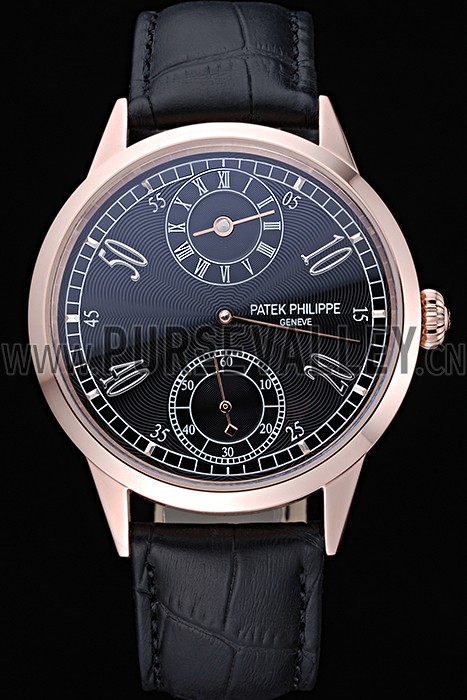 Patek Philippe Geneve Two Dial Black Dial Rose Gold Bezel Black Leather Band 622146