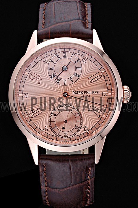 Patek Philippe Geneve Two Dial Rose Dial Rose Gold Bezel Brown Leather Band 622149