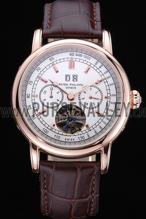 Patek Philippe Geneve Grand Complications White Dial Tourbillon Rose Gold Bezel Brown Band 622156