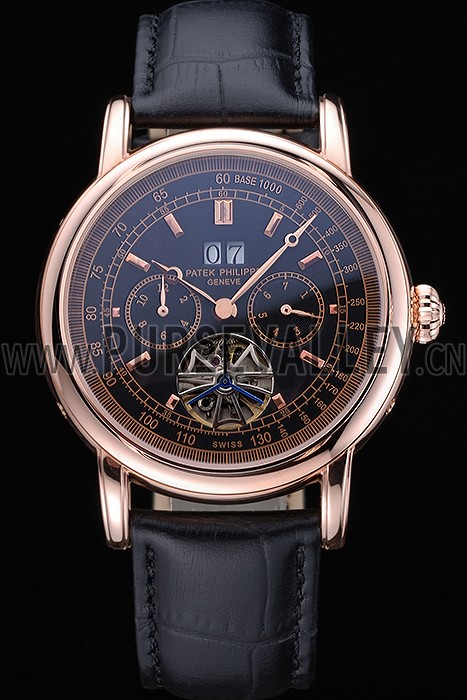 Patek Philippe Geneve Grand Complications Black Dial Tourbillon Rose Gold Bezel Black Band 622157