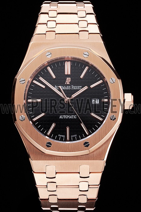 Swiss Audemars Piguet Royal Oak Black Dial Rose Gold Case And Bracelet