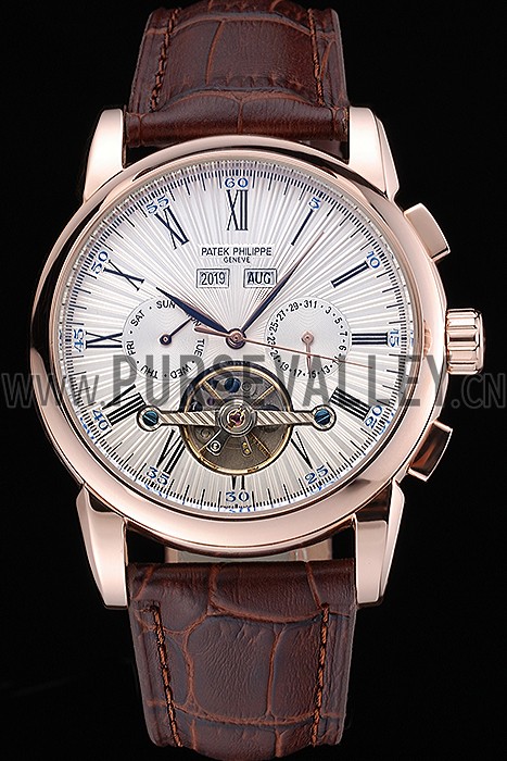 Patek Philippe Grand Complications Gold Case White Dial Roman Numerals Brown Leather Bracelet 622253