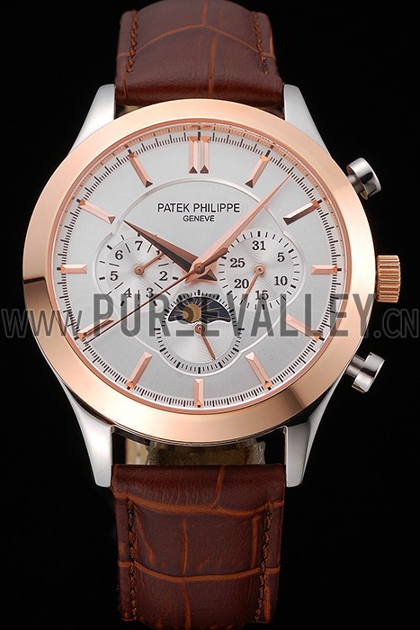 Patek Philippe Moonphase Chronograph White Dial Gold Case Brown Leather Strap 622843