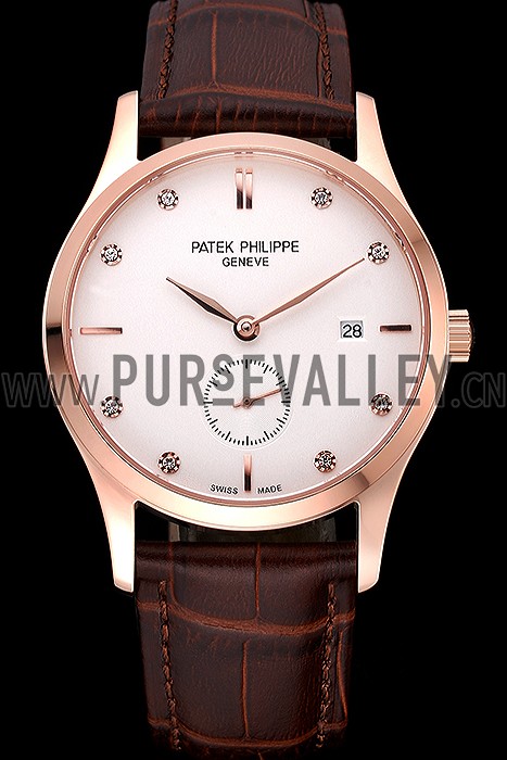 Patek Philippe Calatrava White Dial Diamond Numerals Rose Gold Case Brown Leather Strap 622834
